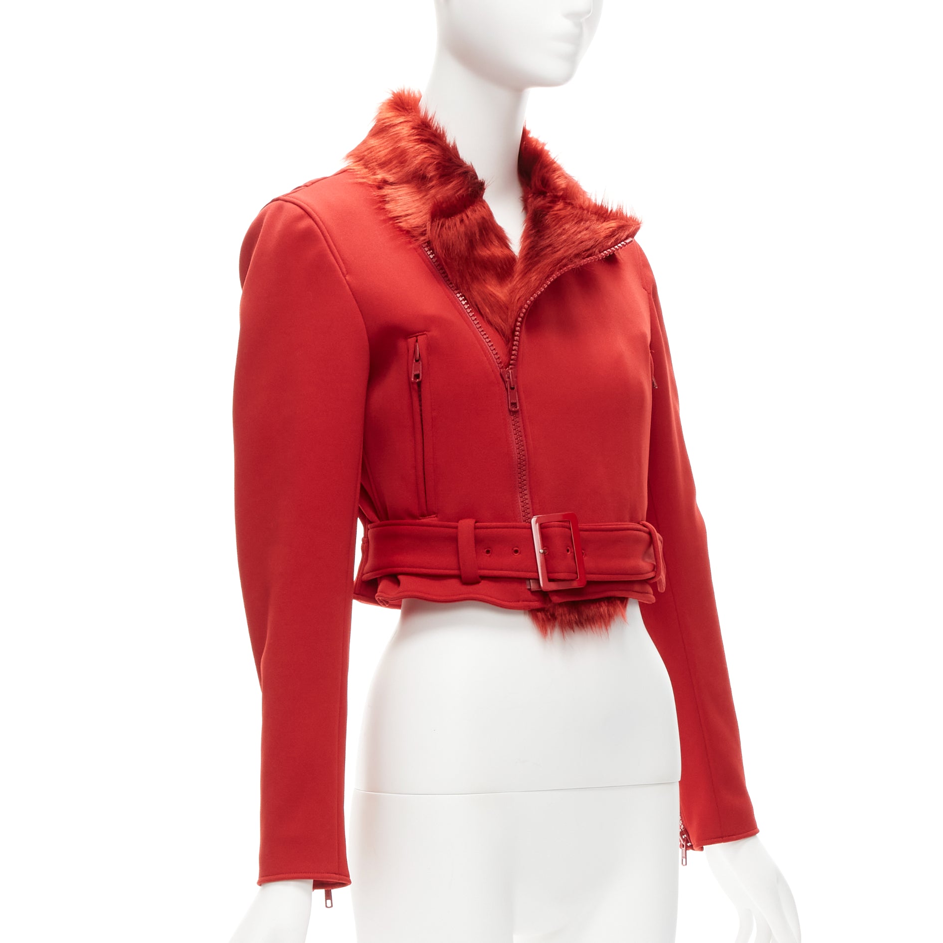 Y-3 Red Faux Fur Biker Jacket - 4