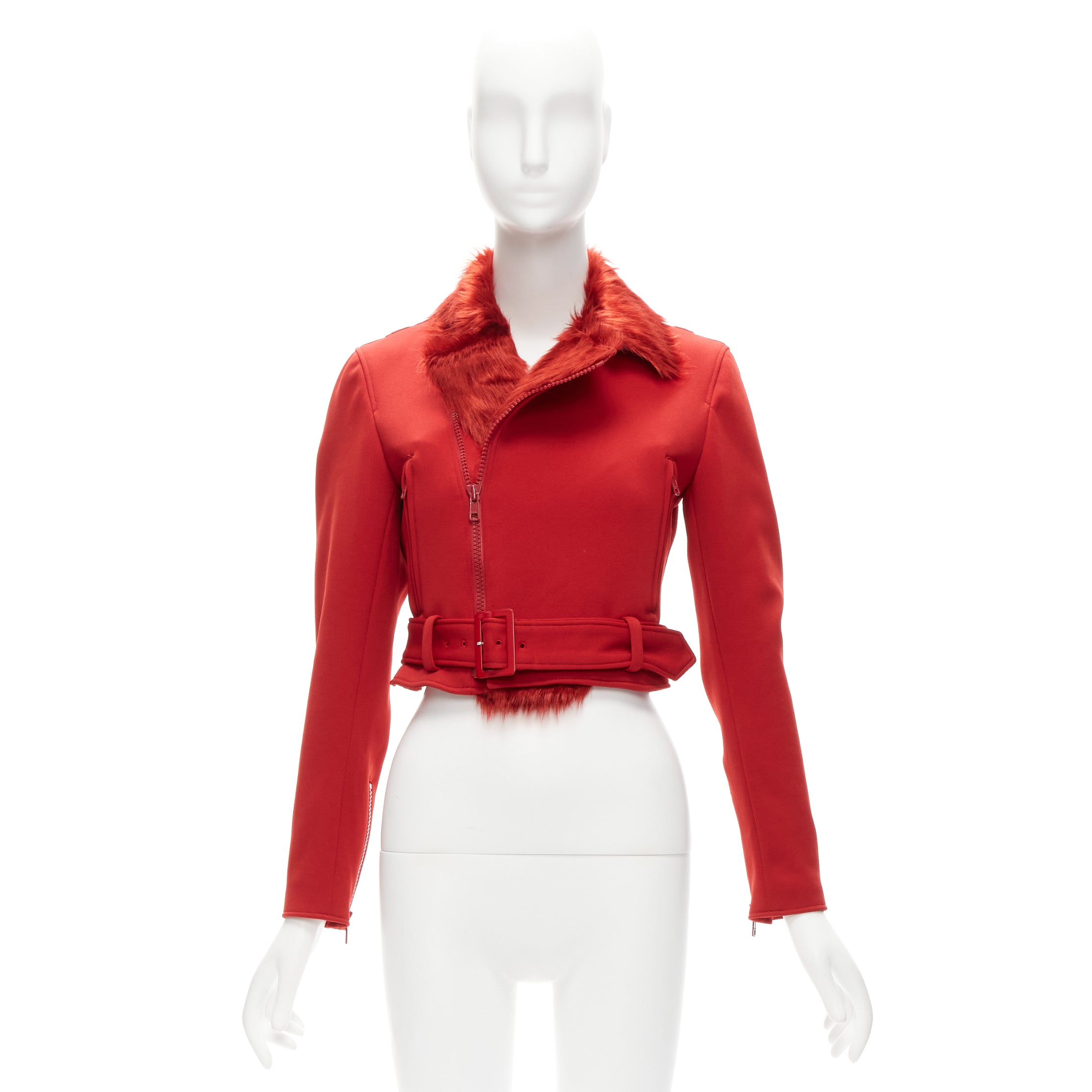 Y-3 Red Faux Fur Biker Jacket - Image 12