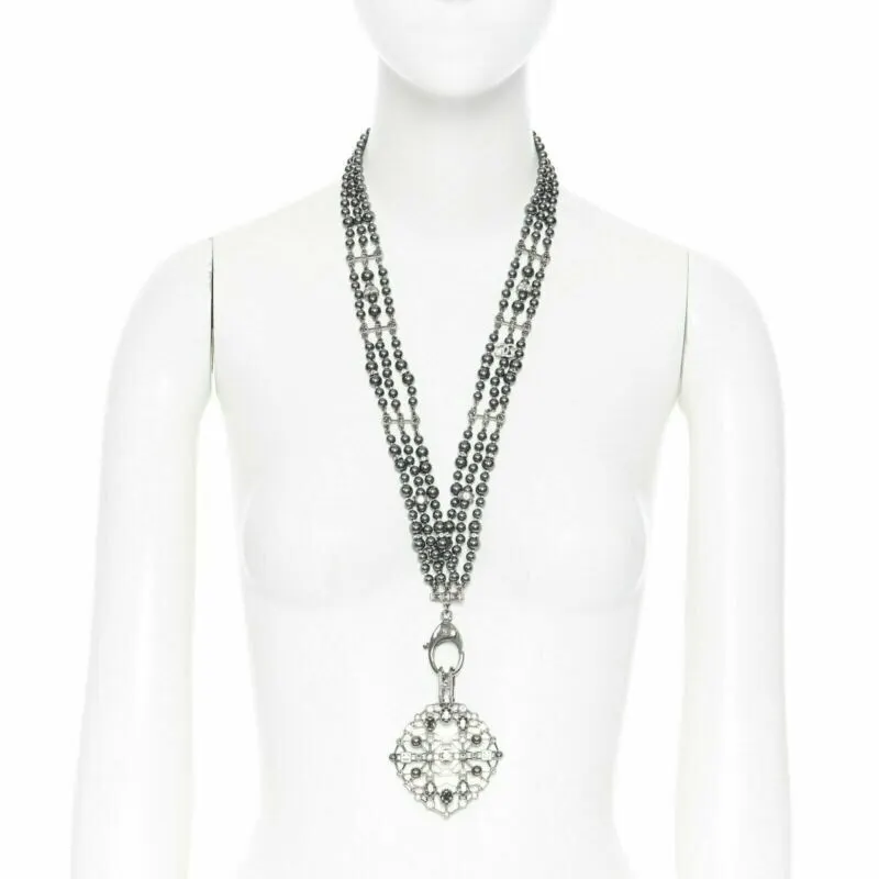 Chanel Triple Pearl Necklace Grey Metal Never worn - Front View