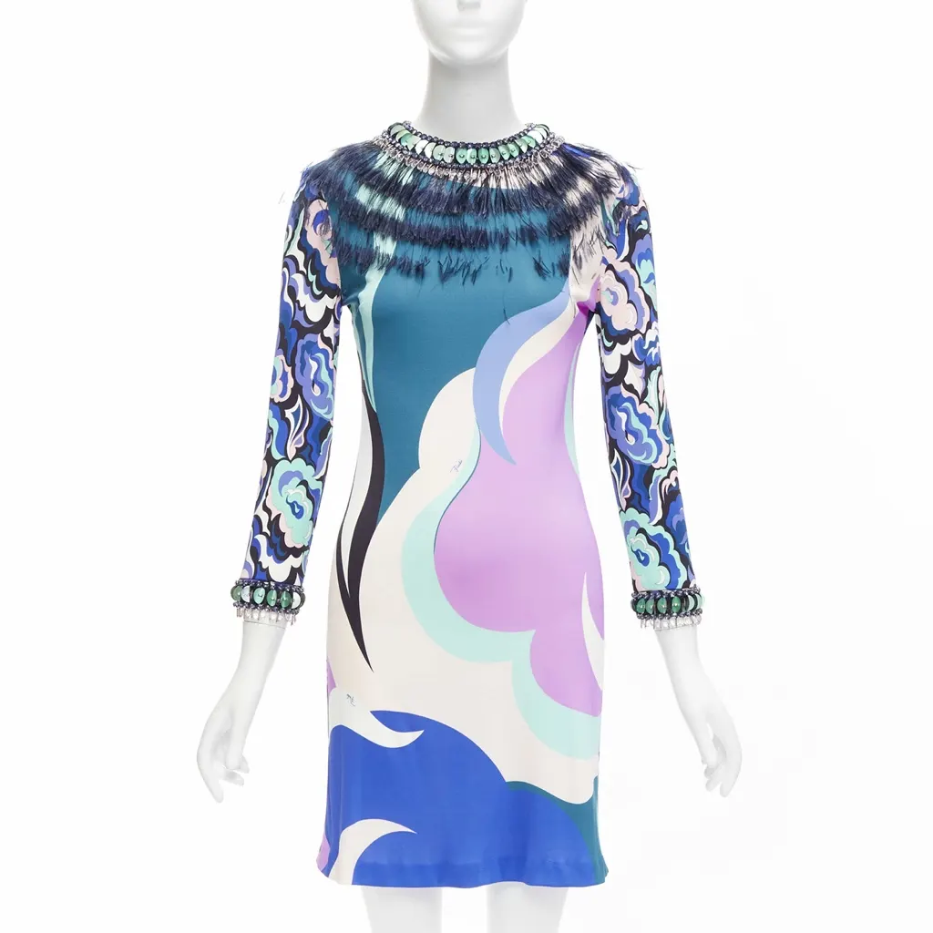 Emilio Pucci Feather Embellished Dress MultiColor Very good - Front View