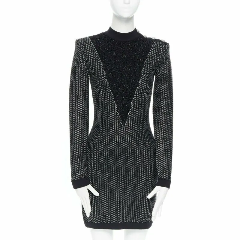 Balmain Fluffy Button Dress Black Good - Front View