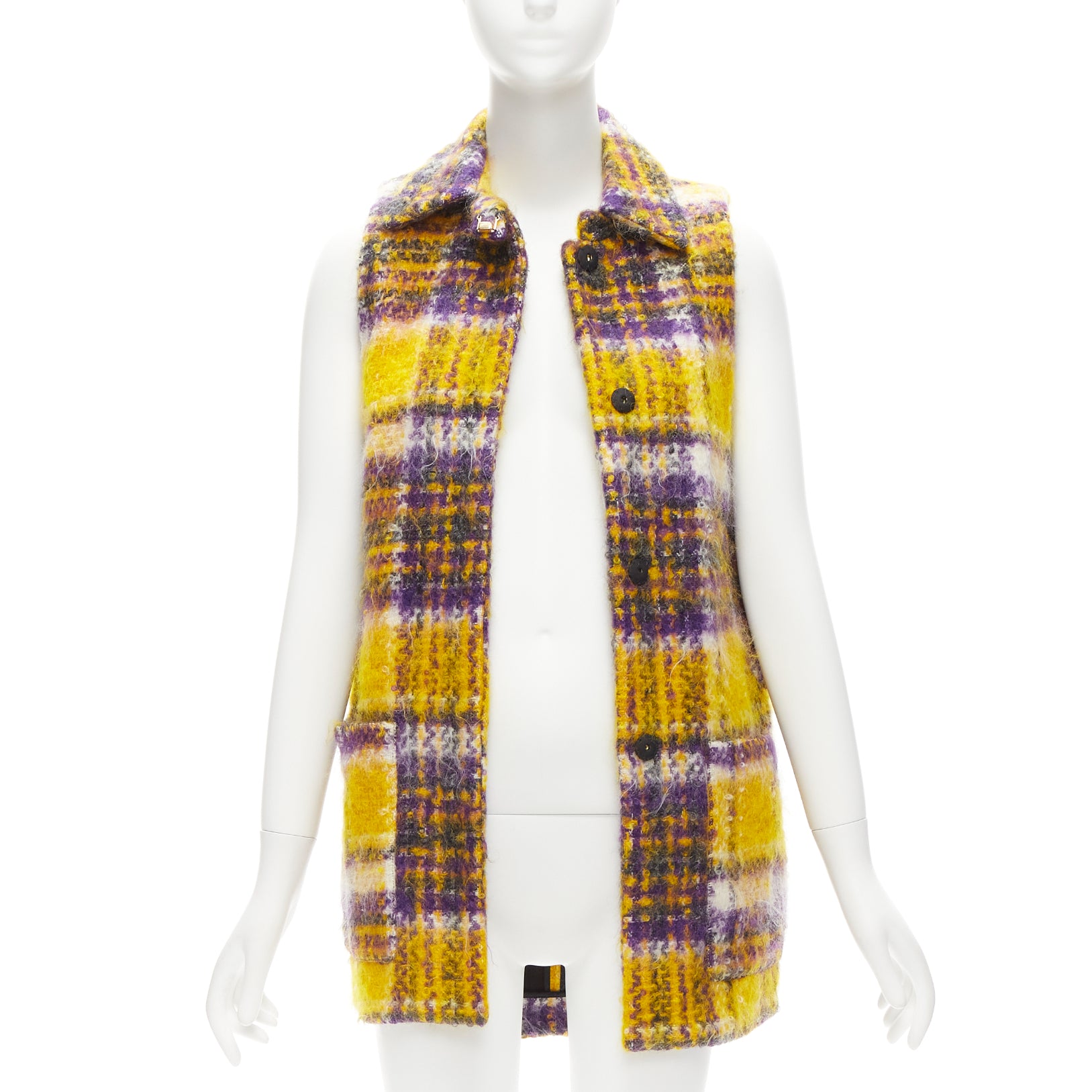 Marni Yellow Plaid Sleeveless Coat - Image 6