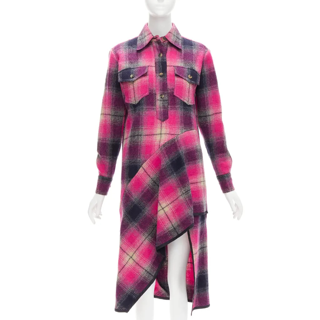 Dries Van Noten Plaid Bias Dress Pink Wool Never worn - Front View