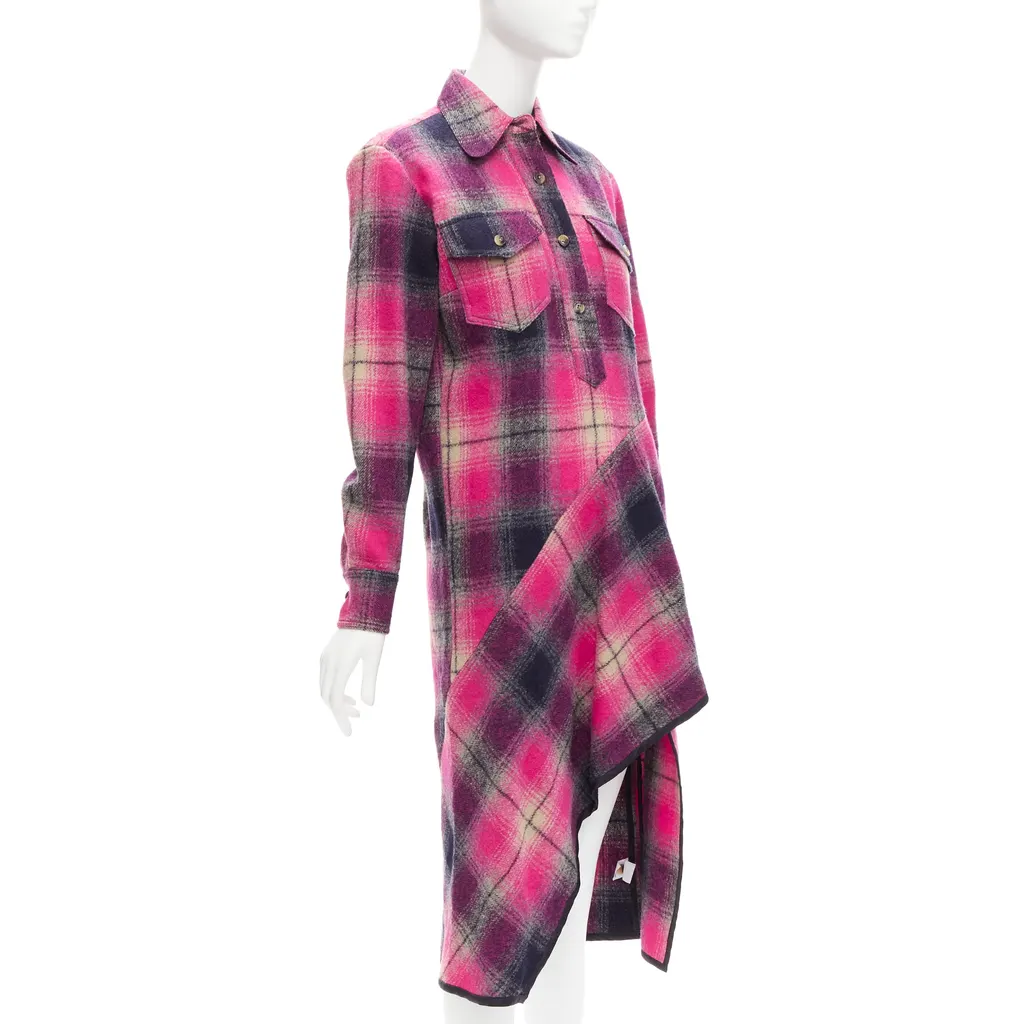 Dries Van Noten Plaid Bias Dress Pink Wool Never worn - Inside View