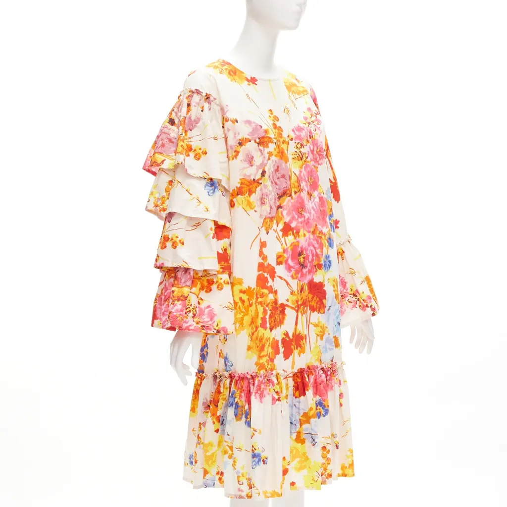 Dries Van Noten Floral Ruffle Dress Beige Cotton Never worn - Front View