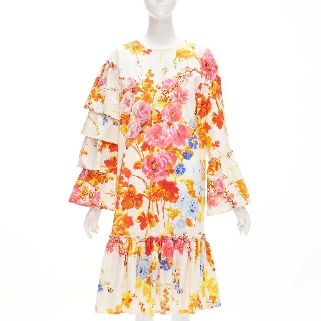 Dries Van Noten Floral Ruffle Dress Beige Cotton Never worn - Inside View