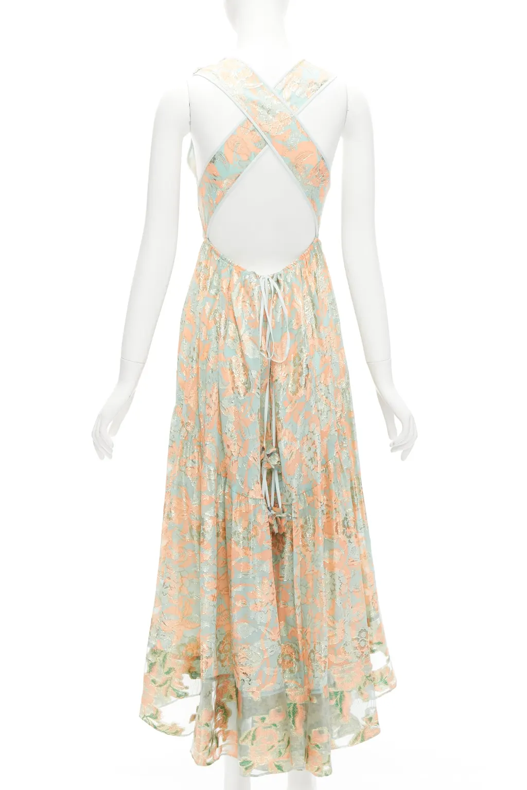 Tory Burch Metallic Lace Dress Green Silk Very good - Back View