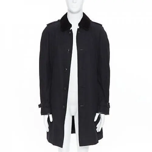 Burberry Black Fur Belted Trench Black Cotton Very good - Front View