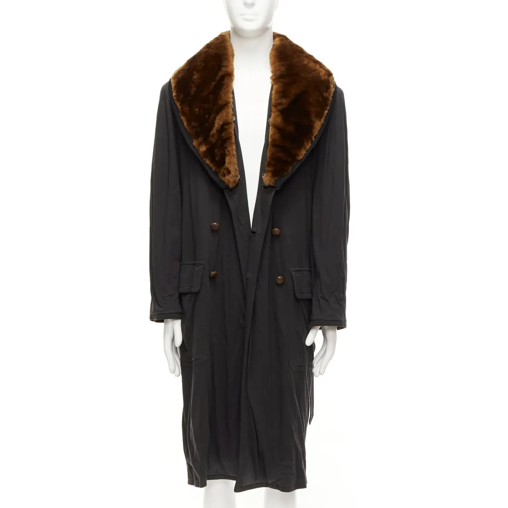Jean Paul Gaultier Black Fur Belted Coat Brown Cotton Fair - Front View