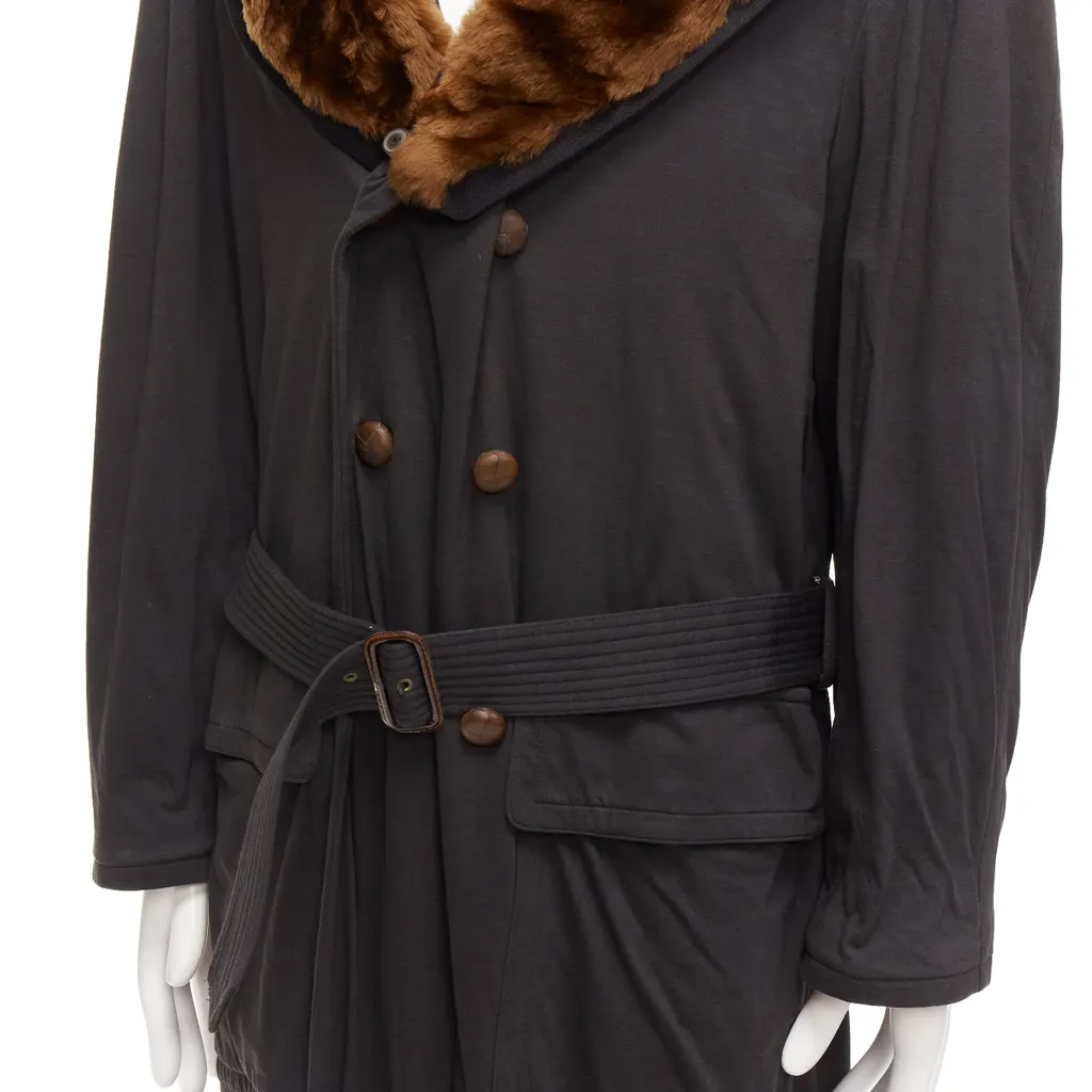 Jean Paul Gaultier Black Fur Belted Coat Brown Cotton Fair - Back View