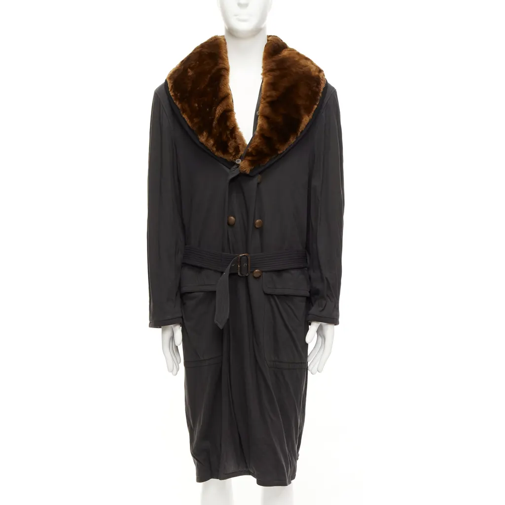 Jean Paul Gaultier Black Fur Belted Coat Brown Cotton Fair - Inside View
