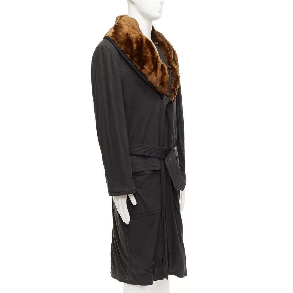 Jean Paul Gaultier Black Fur Belted Coat Brown Cotton Fair - Model View