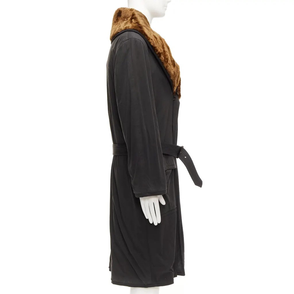 Jean Paul Gaultier Black Fur Belted Coat Brown Cotton Fair - Box View