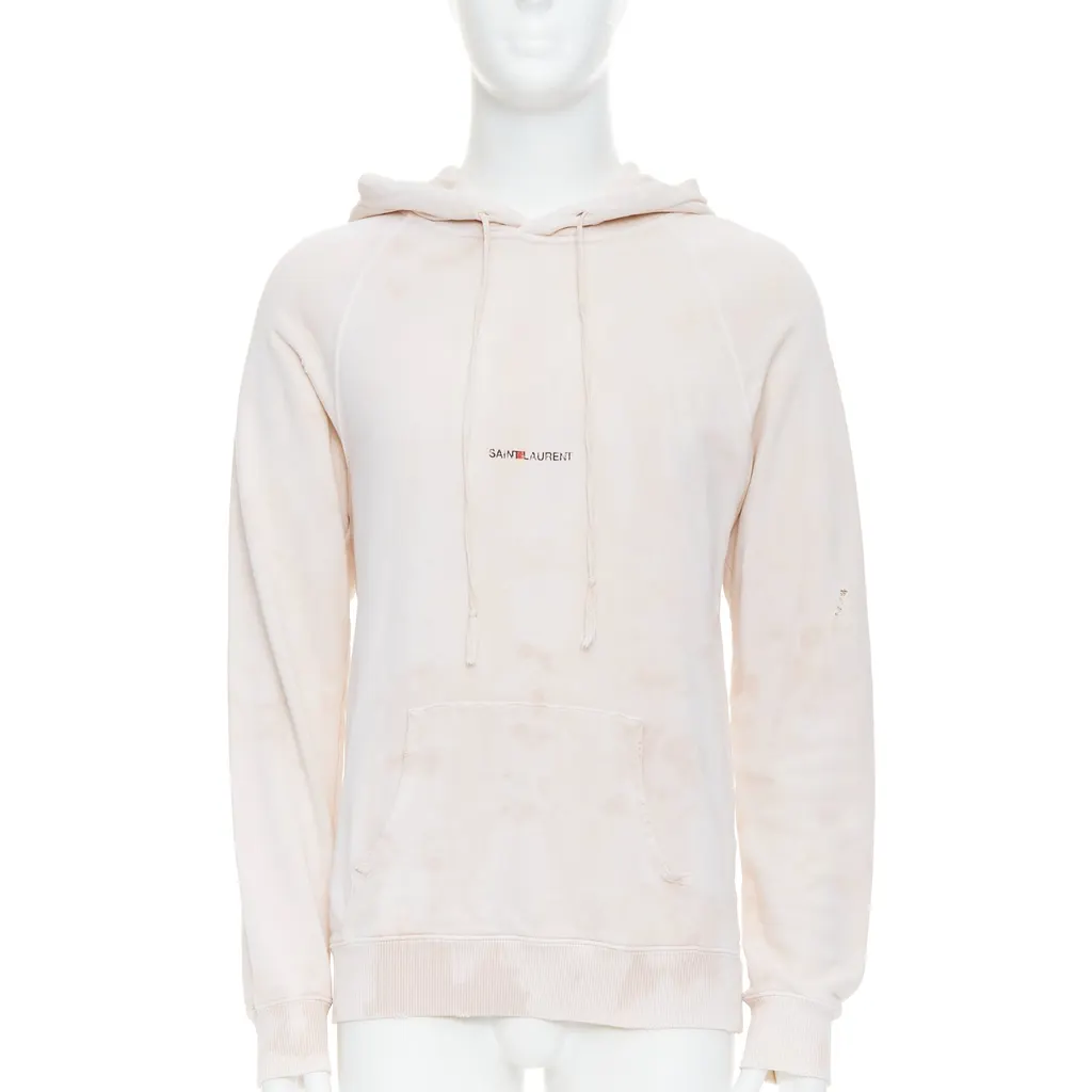 Saint Laurent Distressed Logo Hoodie Beige Cotton Never worn - Front View
