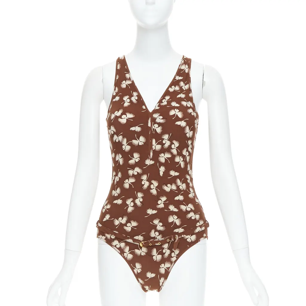 Gucci Floral Belted Swimsuit Brown Very good - Front View