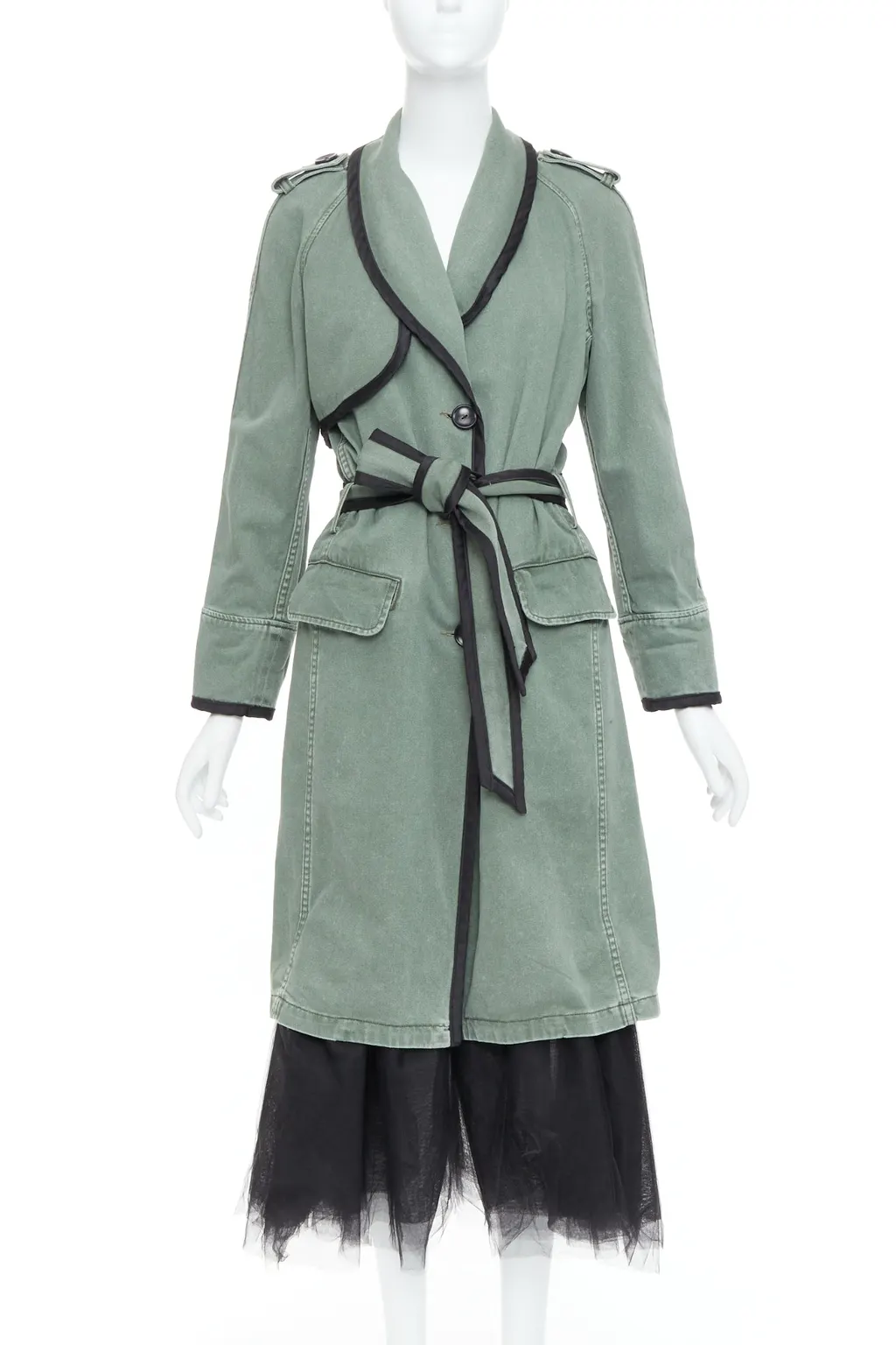 Le Superbe Green Tulle Hem Coat Black Cotton Very good - Front View