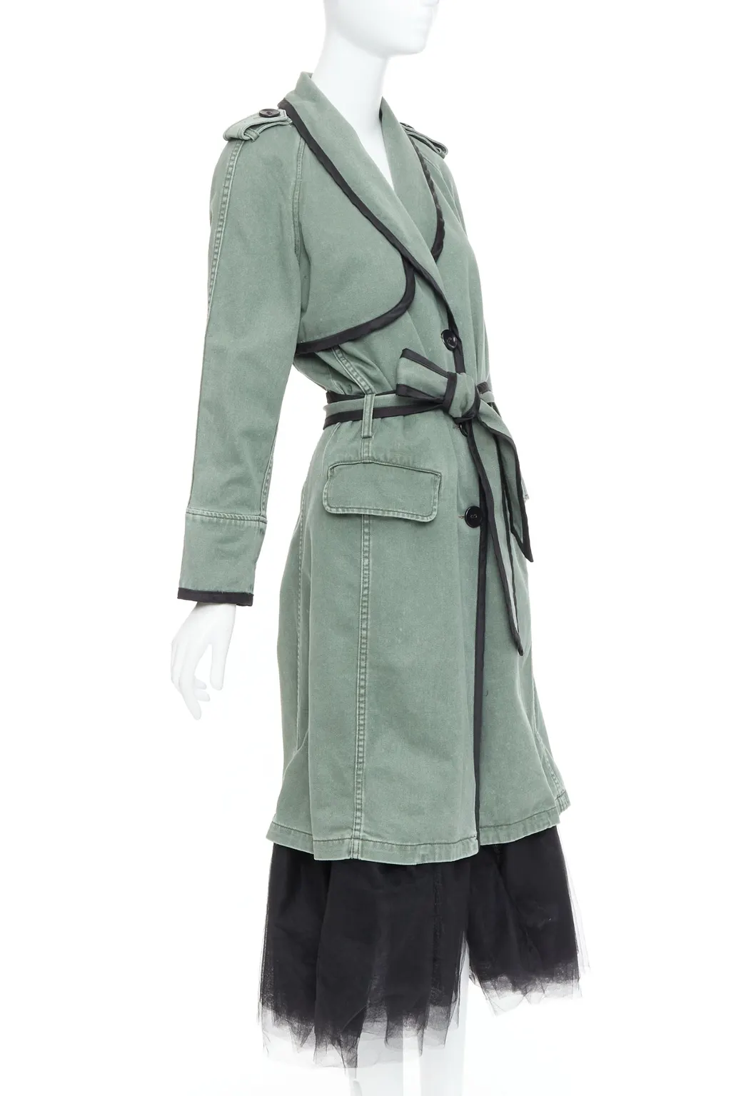 Le Superbe Green Tulle Hem Coat Black Cotton Very good - Model View