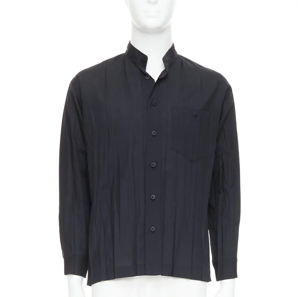 Issey Miyake Pleated Button Shirt Black Polyester Very good - Front View