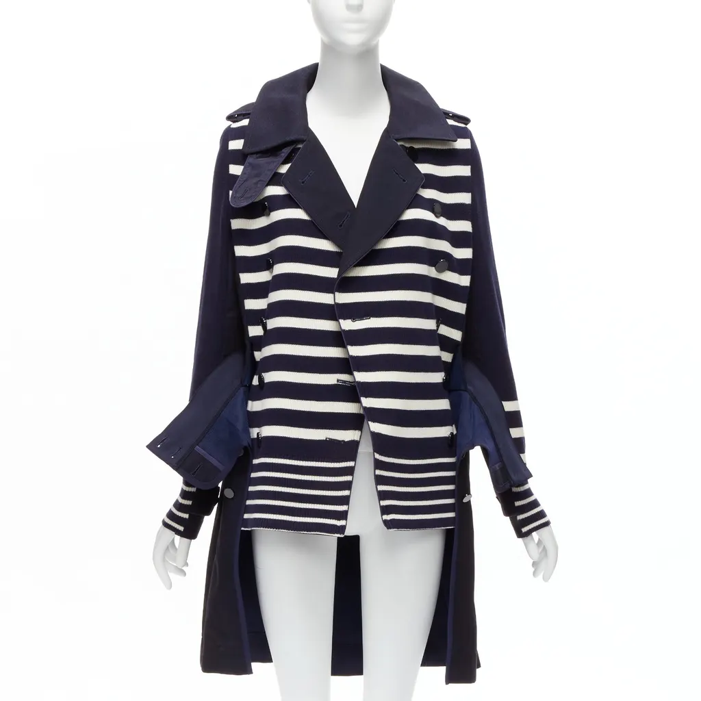 Sacai Nautical Stripe Flare Coat Navy Cotton Very good - Front View