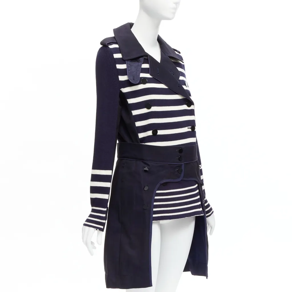 Sacai Nautical Stripe Flare Coat Navy Cotton Very good - Model View