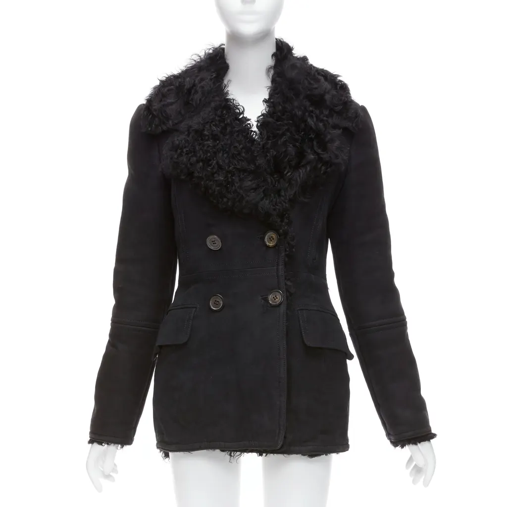 Gucci Black Shearling Wool Coat Black Suede Fair - Front View