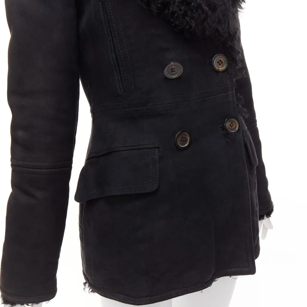 Gucci Black Shearling Wool Coat Black Suede Fair - Back View