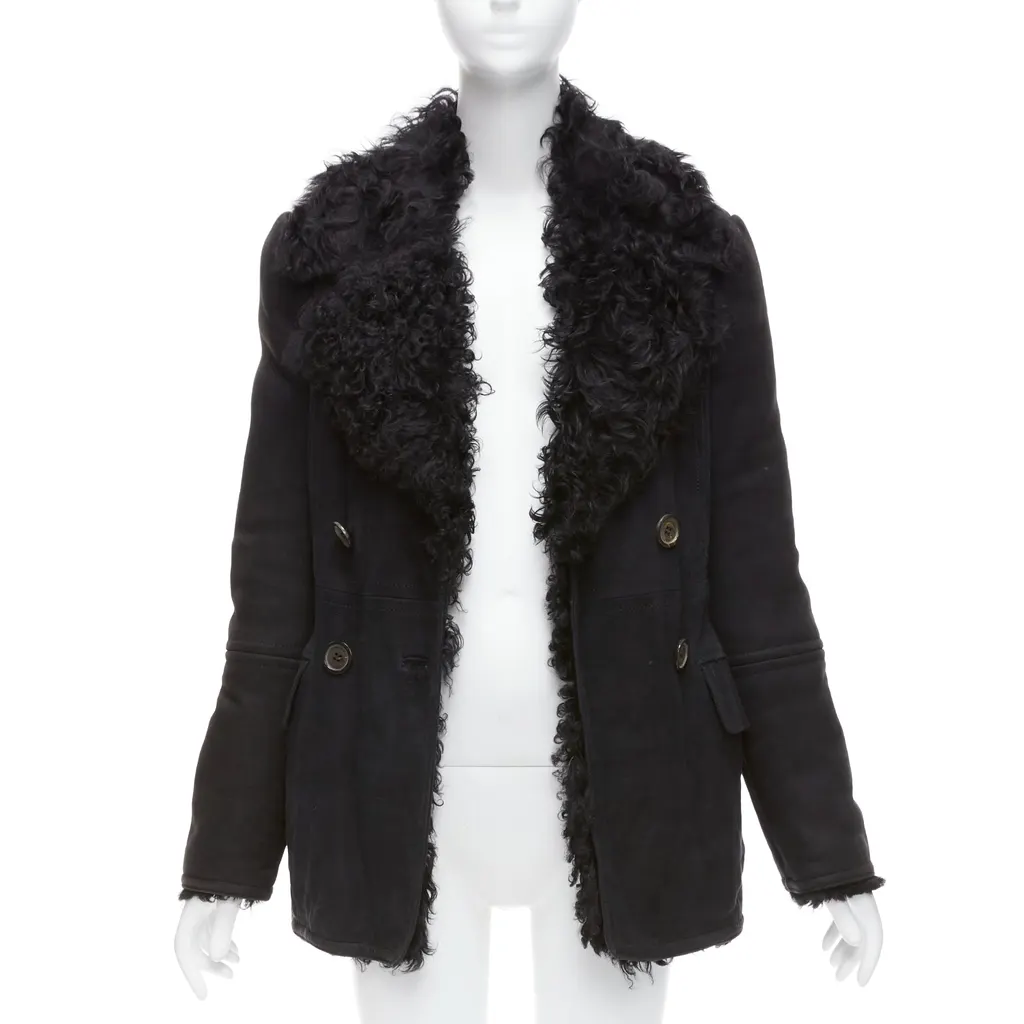 Gucci Black Shearling Wool Coat Black Suede Fair - Inside View