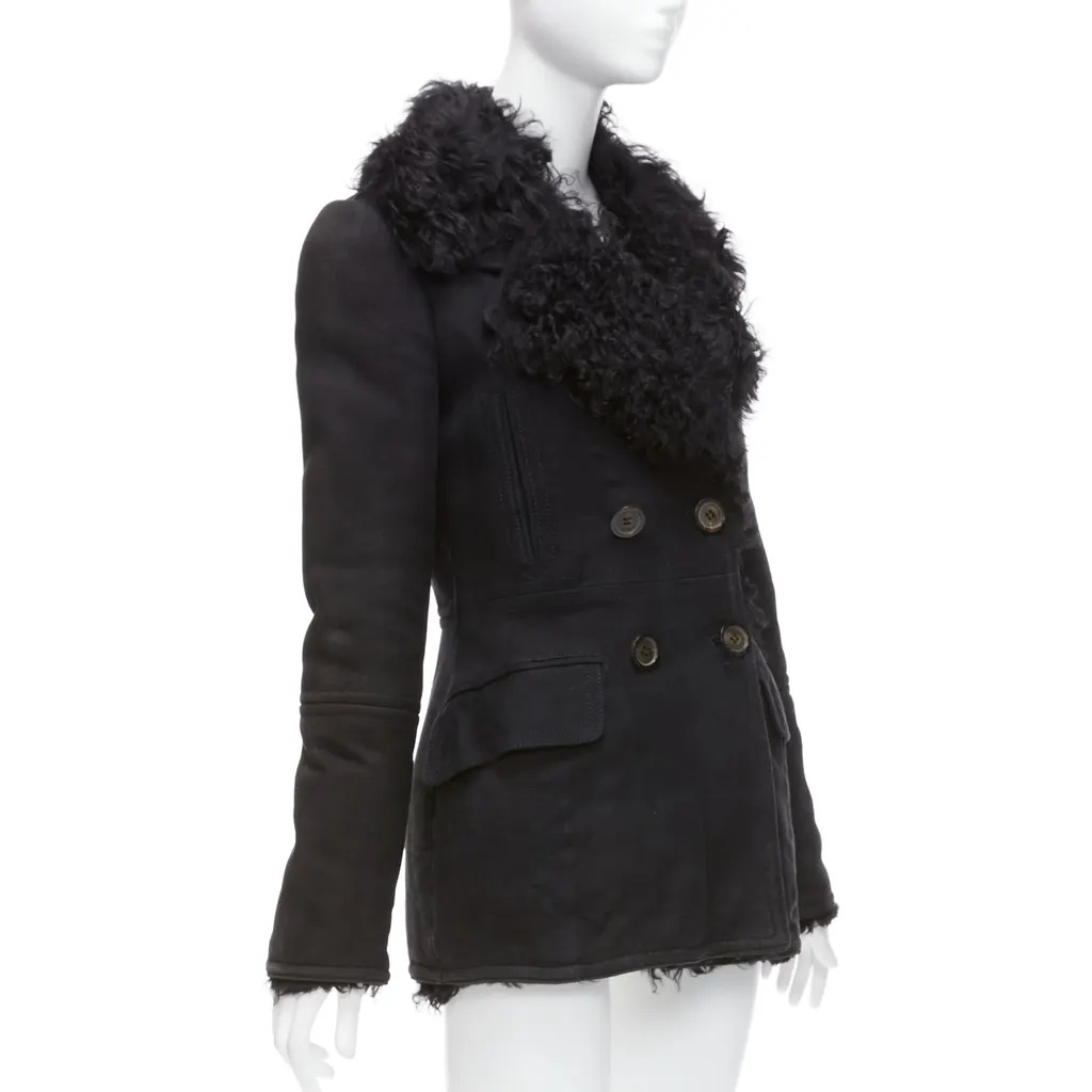 Gucci Black Shearling Wool Coat Black Suede Fair - Model View