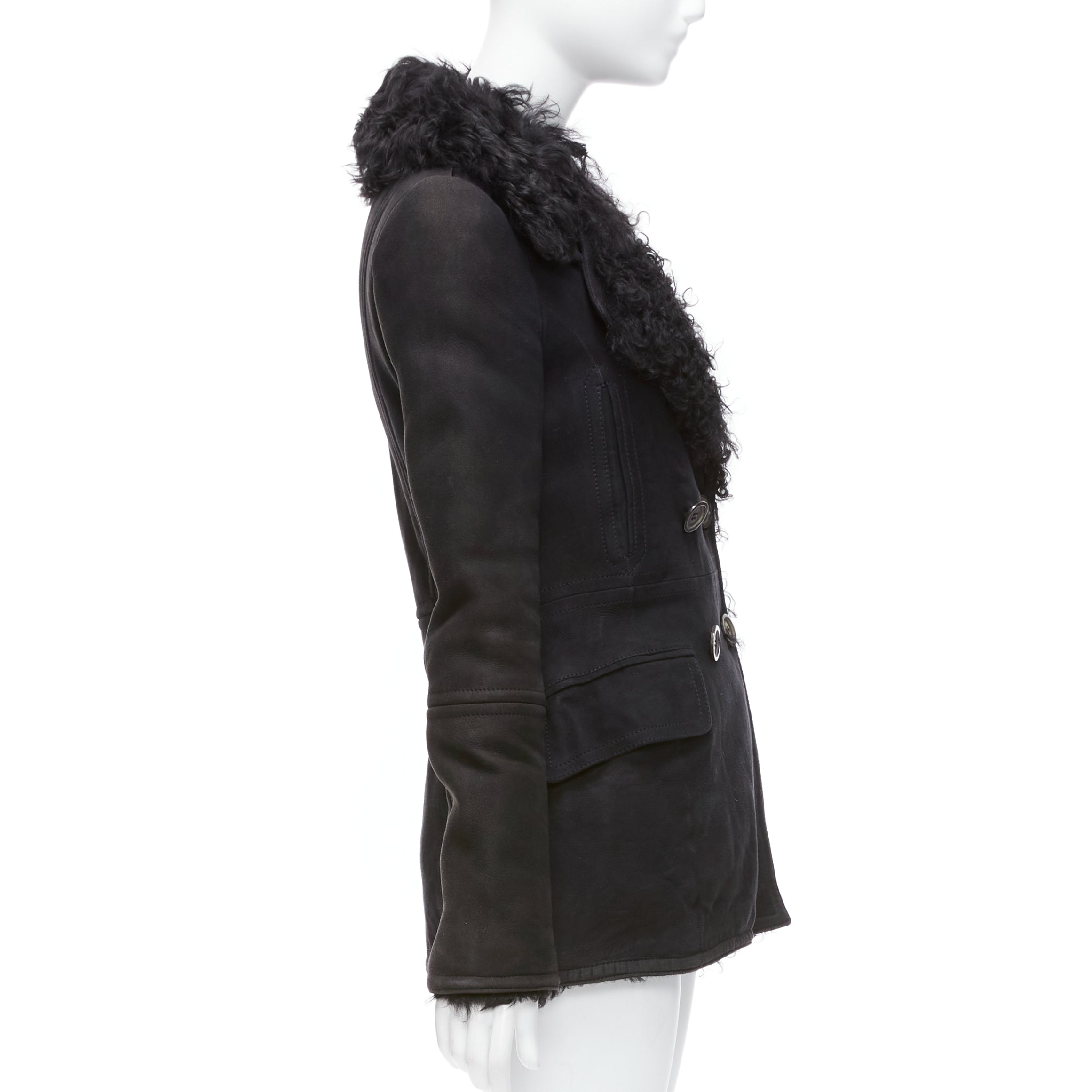 Gucci Black Shearling Wool Coat - Side view