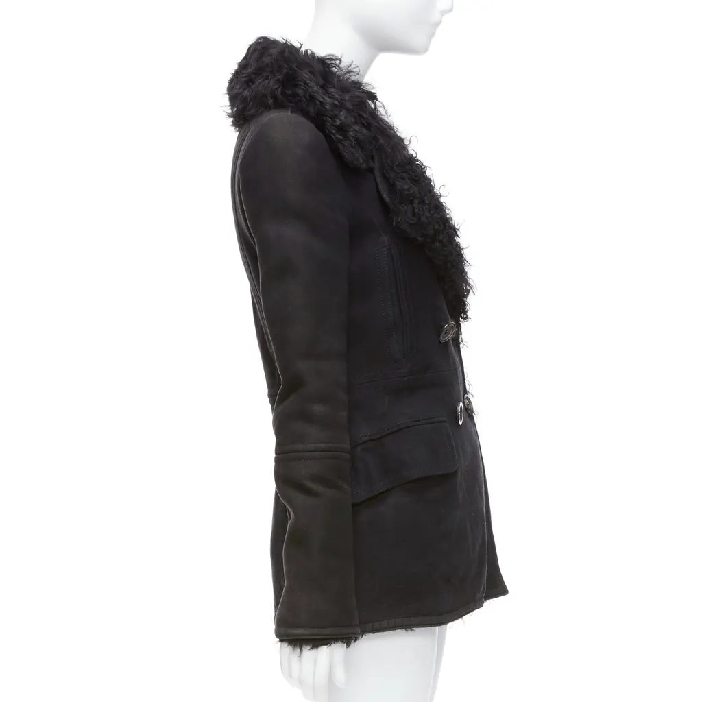 Gucci Black Shearling Wool Coat Black Suede Fair - Box View