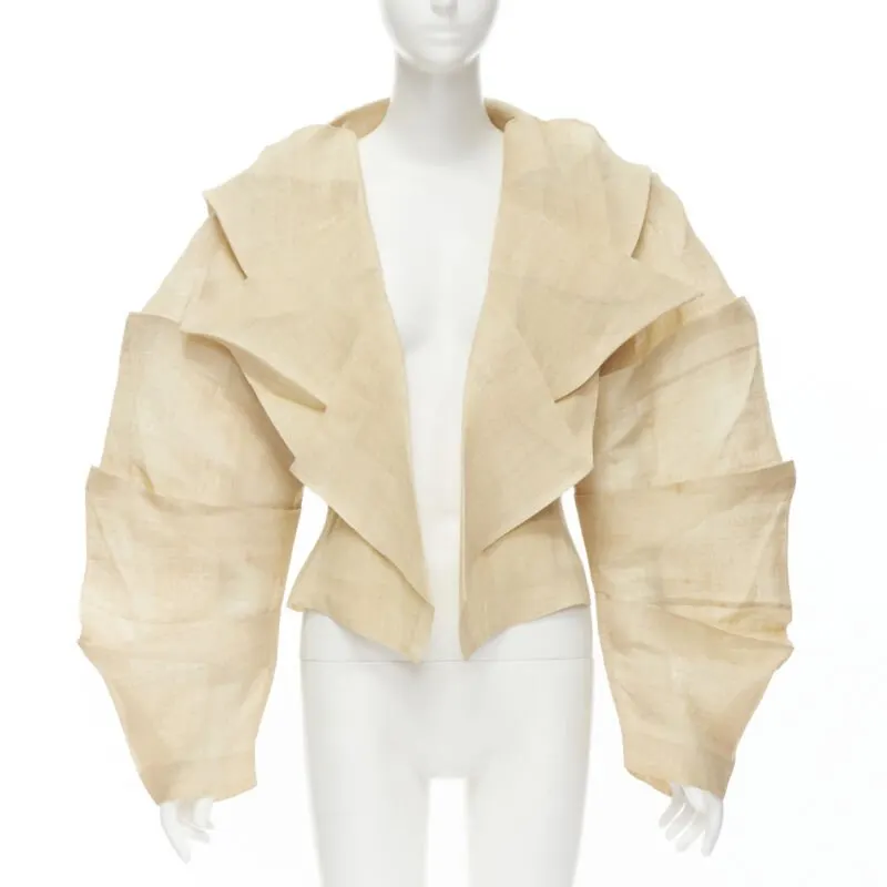Issey Miyake Pleated Linen Jacket Beige Linen Good - Front View