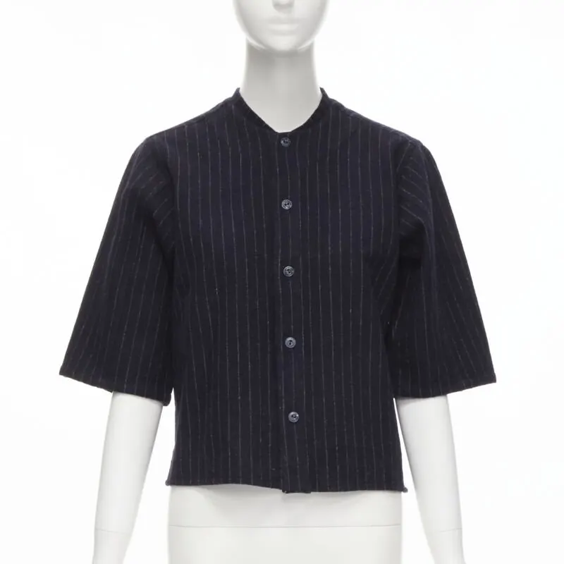 Comme Des Garcons Pinstripe Baseball Shirt Blue Wool Never worn - Front View