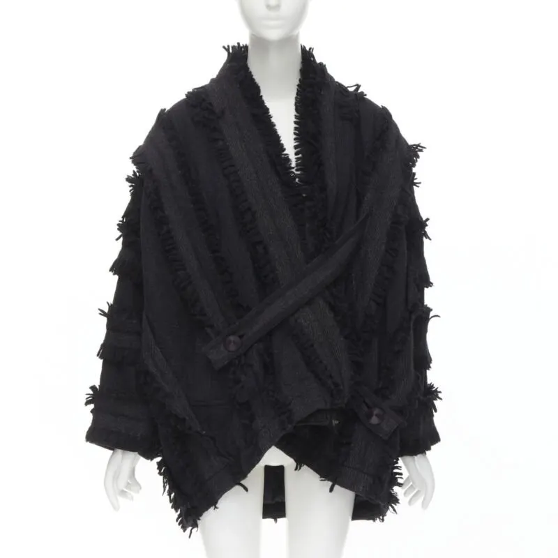Issey Miyake Grey Fringe Cocoon Coat Black Wool Never worn - Front View