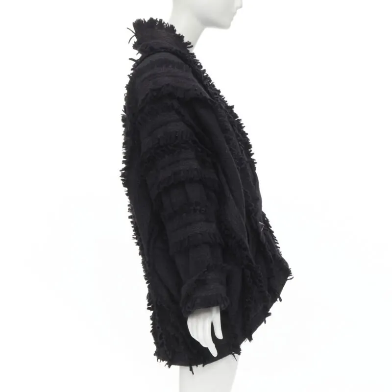 Issey Miyake Grey Fringe Cocoon Coat Black Wool Never worn - Model View