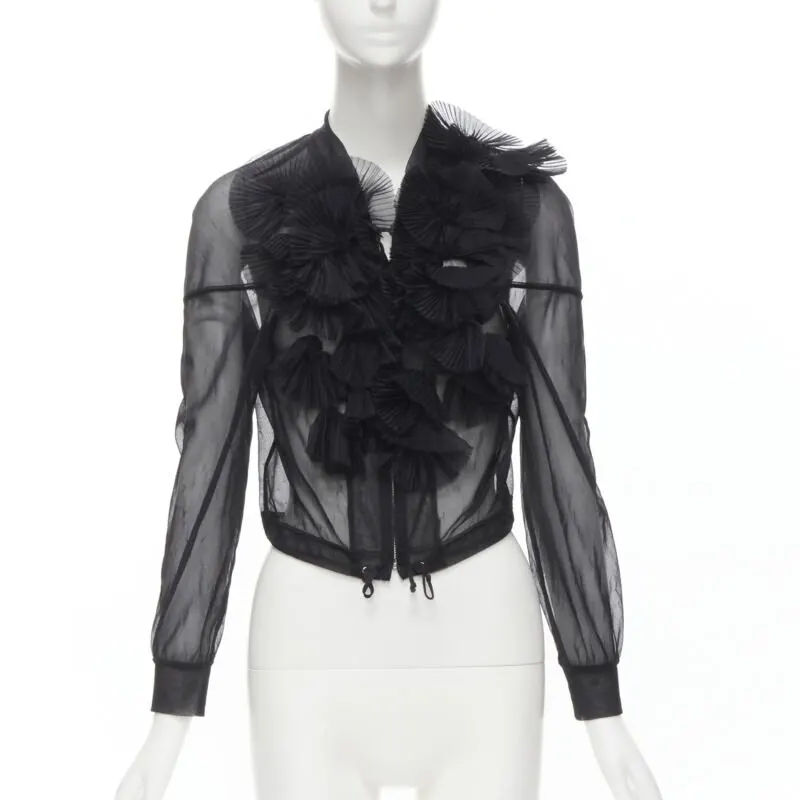 Comme Des Garcons Sheer Ruffle Bomber Jacket Black Polyester Good - Front View