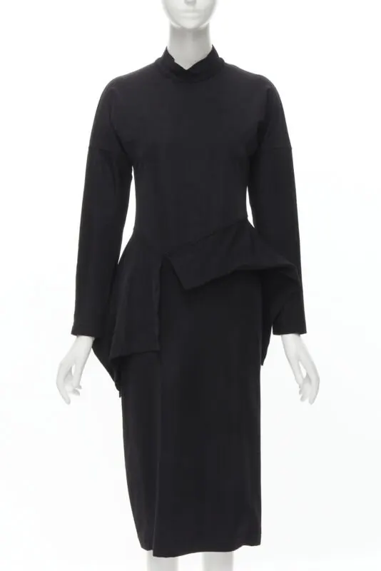 Comme Des Garcons Peplum Midi Dress Black Polyester Very good - Front View