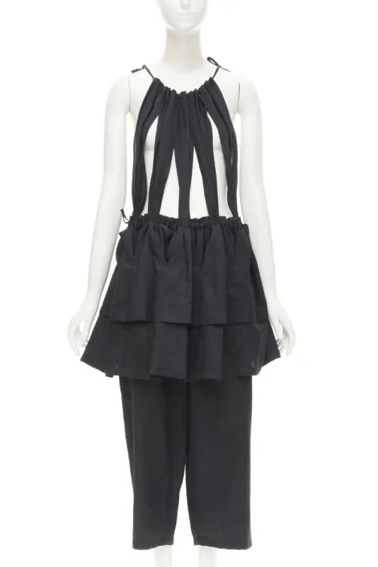Yohji Yamamoto Linen Suspender Jumpsuit Black Cotton Never worn - Front View