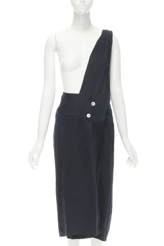 Comme des Garçons Sash Dungaree Skirt Black Linen Never worn - Front View