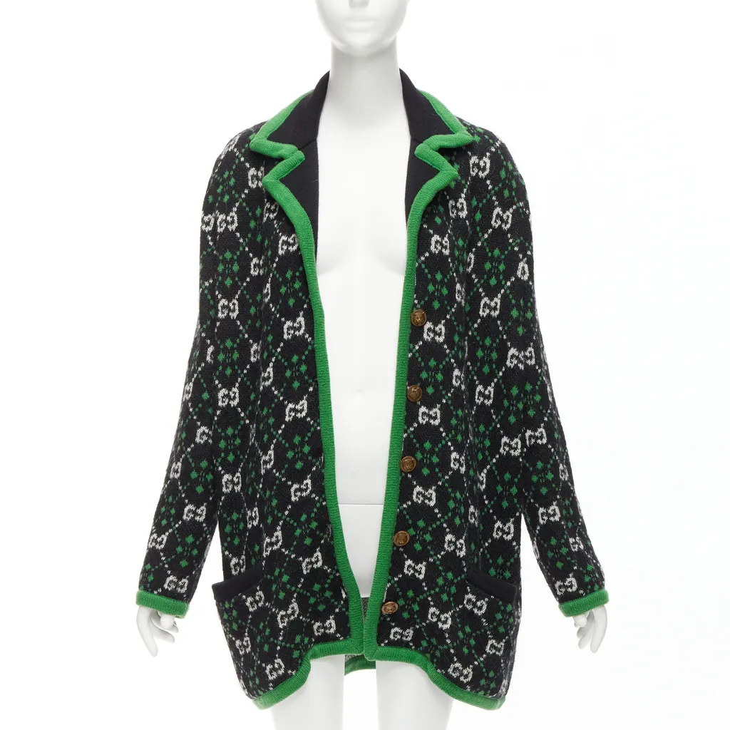 Gucci White GG Knit Coat Green Wool Never worn - Front View