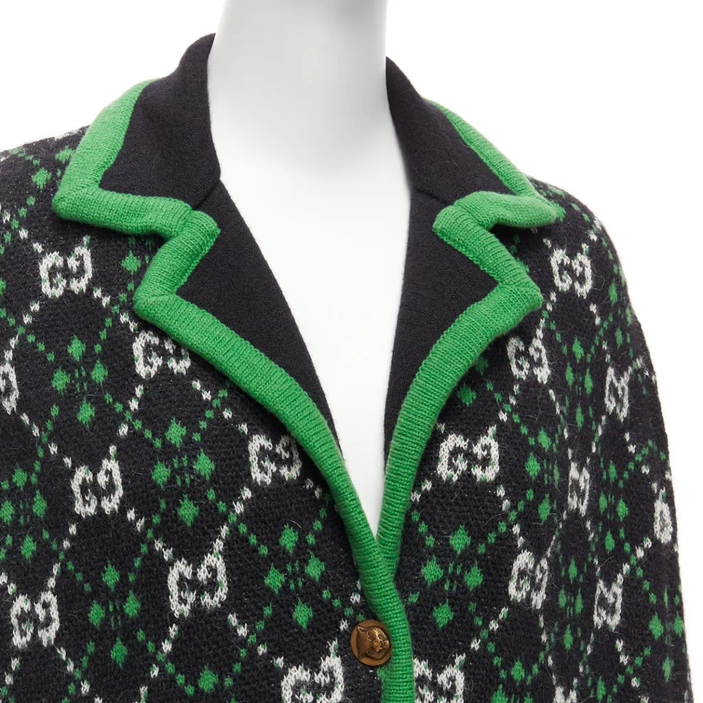 Gucci White GG Knit Coat Green Wool Never worn - Back View