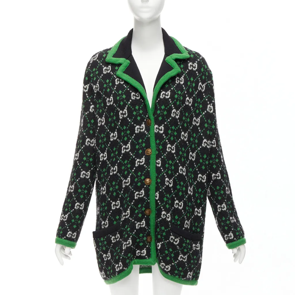 Gucci White GG Knit Coat Green Wool Never worn - Inside View