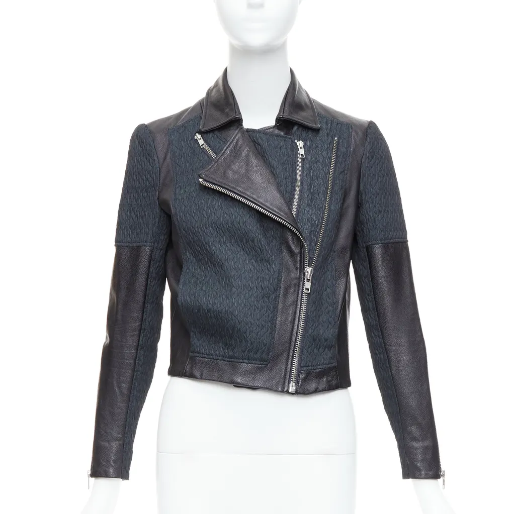 Helmut Lang Textured Crop Biker Black Leather Good - Front View