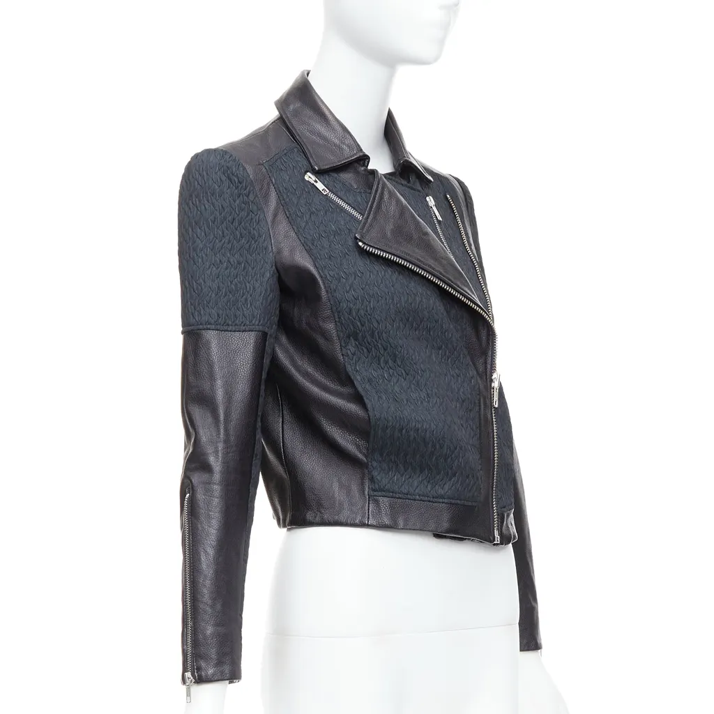 Helmut Lang Textured Crop Biker Black Leather Good - Model View