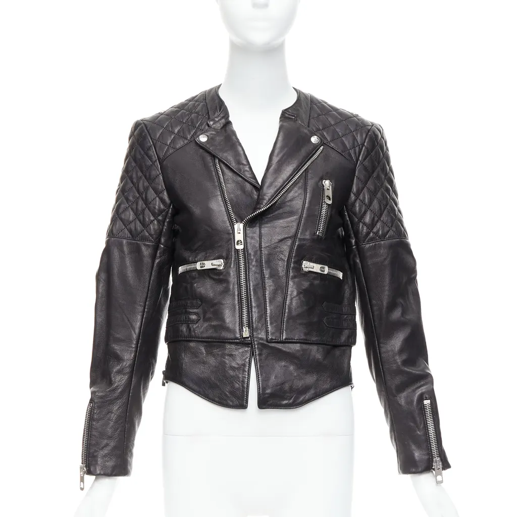 Balenciaga Quilted Moto Jacket Black Leather Good - Front View