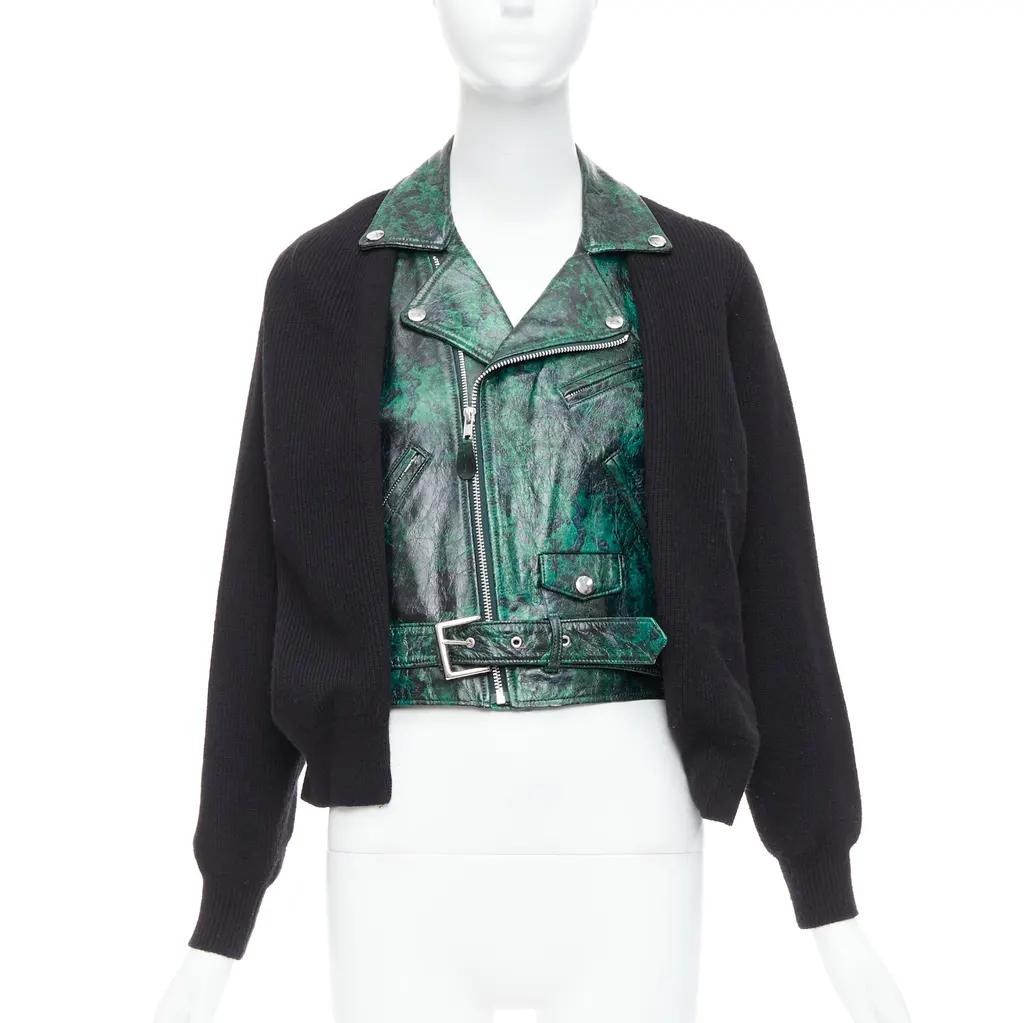 Toga Archives Biker Cardigan Green Leather Good - Front View