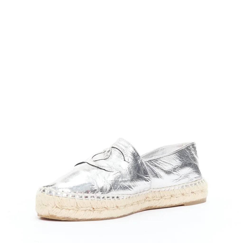 Chanel Woven Leather Flats Silver Leather Good - Model View