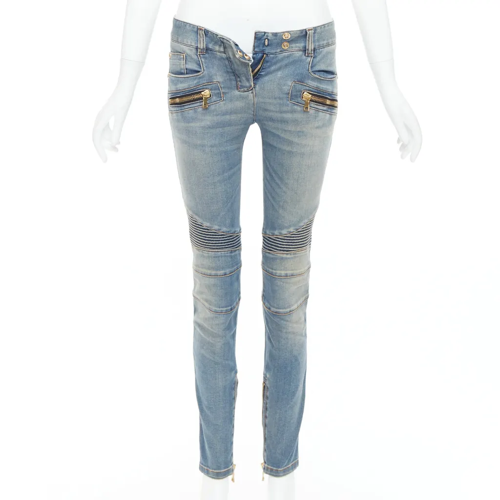 Balmain Ribbed Moto Jeans Blue Good - Front View