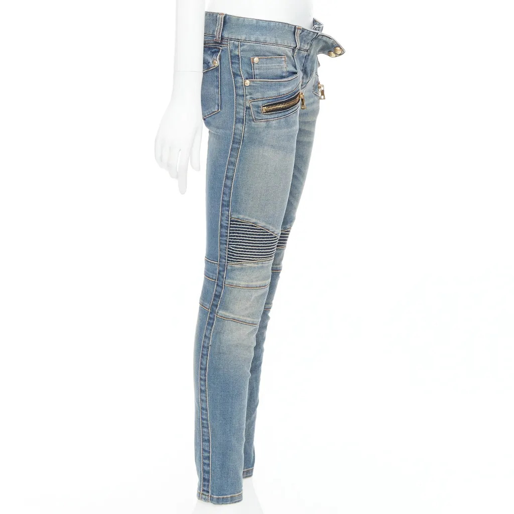 Balmain Ribbed Moto Jeans Blue Good - Model View