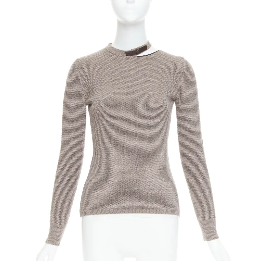 Tom Ford Leather Collar Sweater Khaki Wool Very good - Inside View