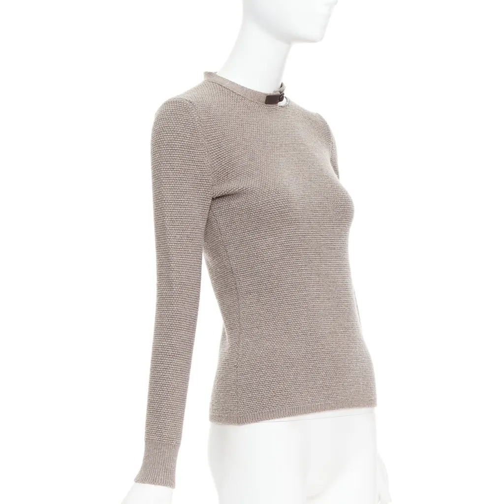 Tom Ford Leather Collar Sweater Khaki Wool Very good - Model View